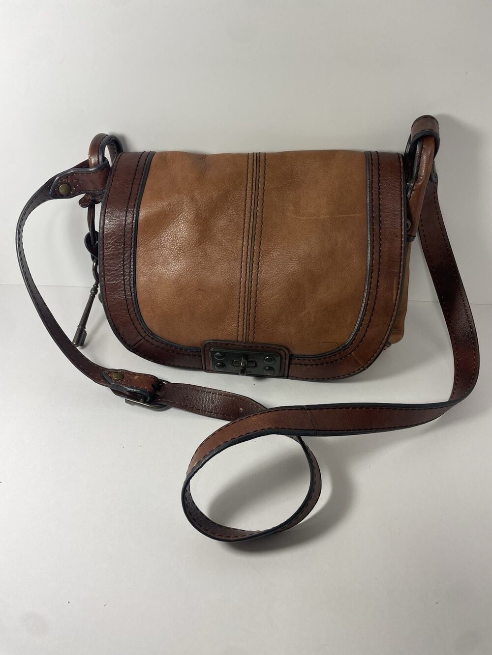 Authentic Fossil Leather Satchel Crossbody Saddle Bag Horseshoe Pattern VINTAGE